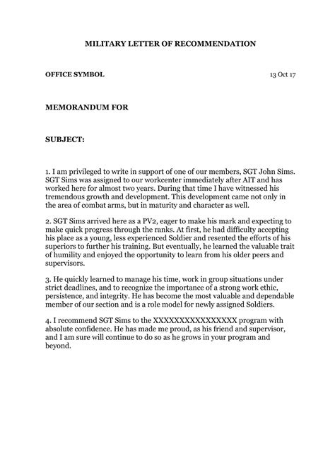 Free Printable Military Letter Of Recommendation Template Pdf
