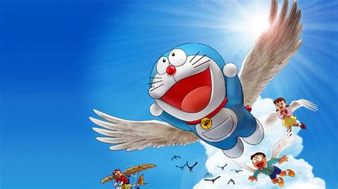 Doraemon Nobita Shizuka Minamoto With Wings In Blue Sky Background Hd