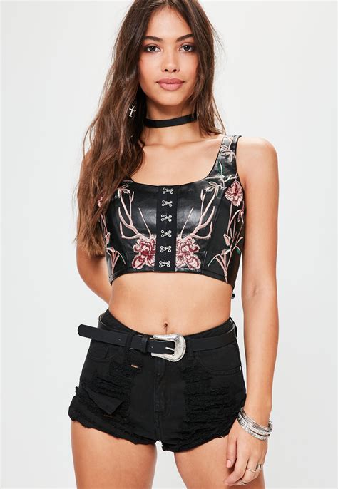 Its All In The Details This Crop Top Features Pretty Floral Embroidery A Classic Black Faux
