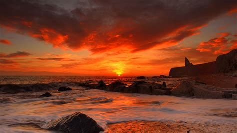 Download 1366x768 Sunset Red Sky Ocean Beach Wallpapers