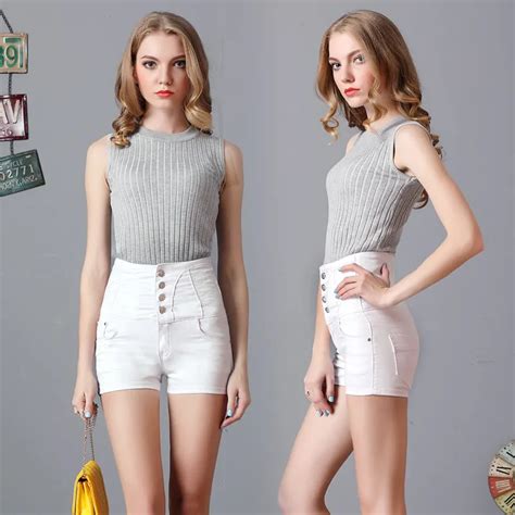 2018 Spring Ladies European Style White Denim Shorts High Waist Slim Short Pants Skinny Fashion