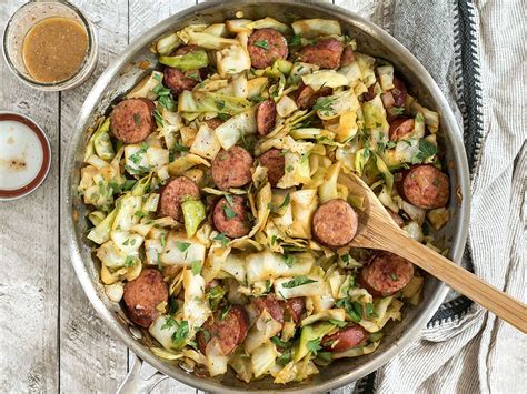 Core and slice the cabbage and add to the skillet along with the red wine vinegar. Kielbasa and Cabbage Skillet with Dijon Vinaigrette - Budget Bytes | Recipe | Kielbasa and ...