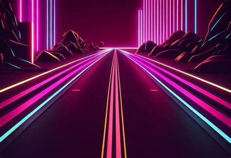 Premium Ai Image A Road With Neon Lights And A Road With Mountains In