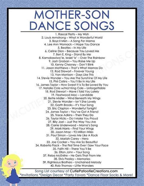There are so many sweet country wedding songs that work for your ceremony too. FREE Printable List of Top 40 Mother Son Dance Songs for ...