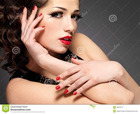 Beauty Fashion Woman With Red Nails And Makeup Stock Image Image Of Face Female 34878771
