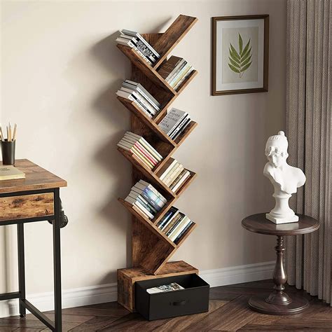 Tree Shaped Narrow Bookcase With Drawer Diagonal Book Storage