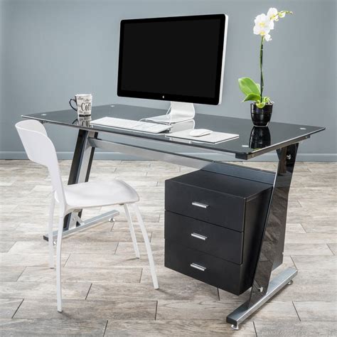 Modern computer desk with glass top provides plenty of working space in 2021. Genesis Black Glass Computer Desk & Cabinet Drawers ...
