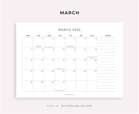 2022 Monthly Calendar With Holidays And Notes Printable Etsy