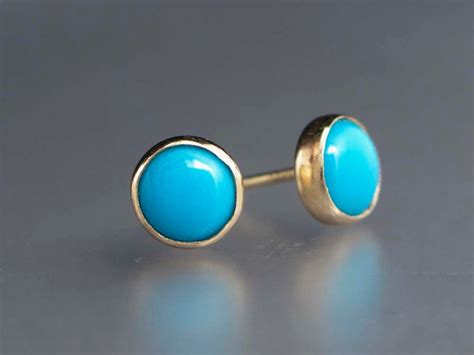 Turquoise Gold Stud Earrings Mm Solid K Gold Bezel Etsy
