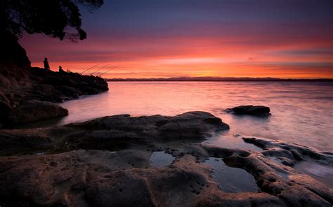 Wallpaper Sunlight Sunset Sea Bay Rock Nature Shore Reflection