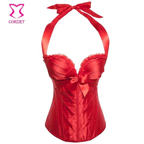 Red Satin Bows Halter Push Up Bustier Corset Sexy Lingerie Plus Size