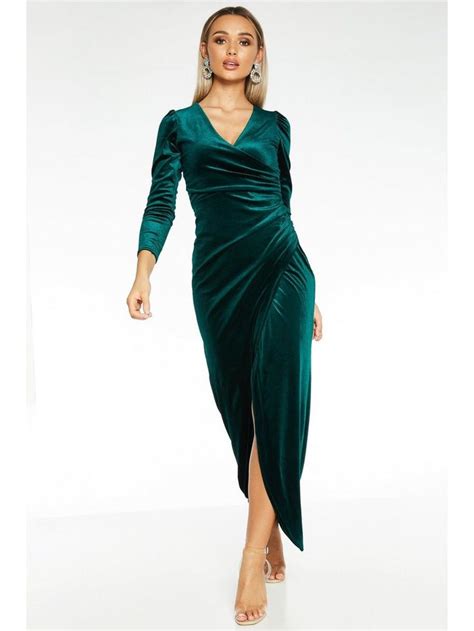 Bottle Green Velvet Wrap Long Sleeve Maxi Dress Maxi Dress With