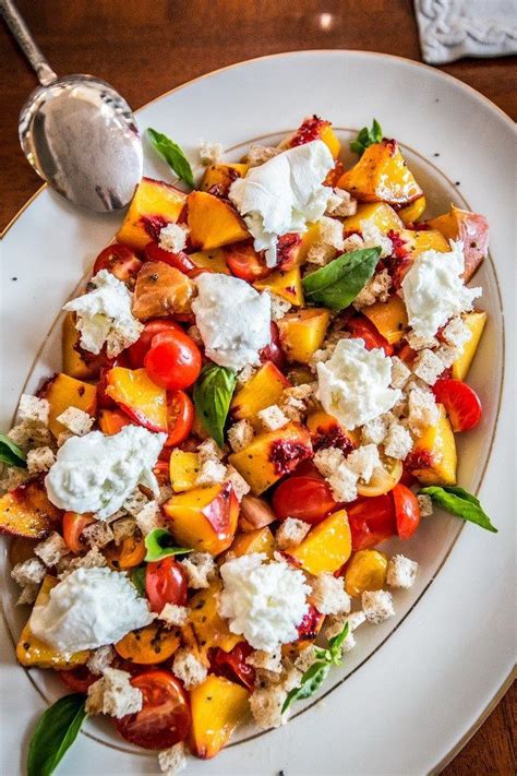 Peach Cherry Tomato Panzanella With Burrata Cheese Art De Fete Recipe Salad Recipes