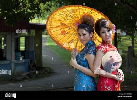 Chinese Women In Traditional Cheongsam Outfit Image Taken At Sarawak