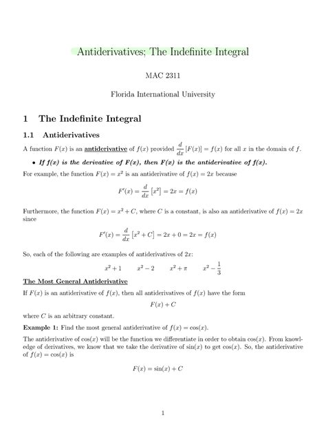 Calculus 1 Practice Notes Part 2 Antiderivatives The Indefinite