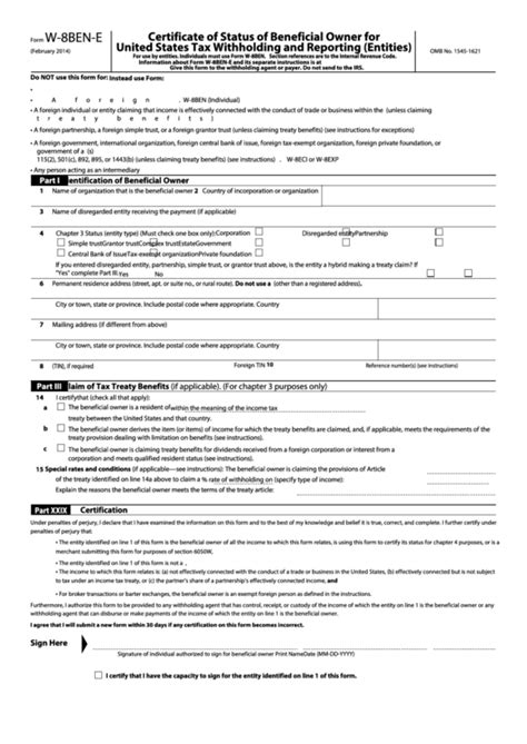 Fillable Form W 8ben E Certificate Of Status Of Beneficial Owner For