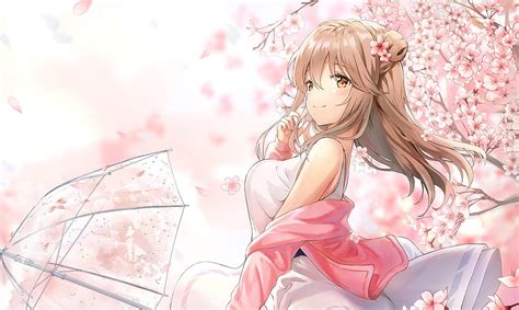 Cute Anime Girl Profile View Sakura Blossom White Dress Umbrella