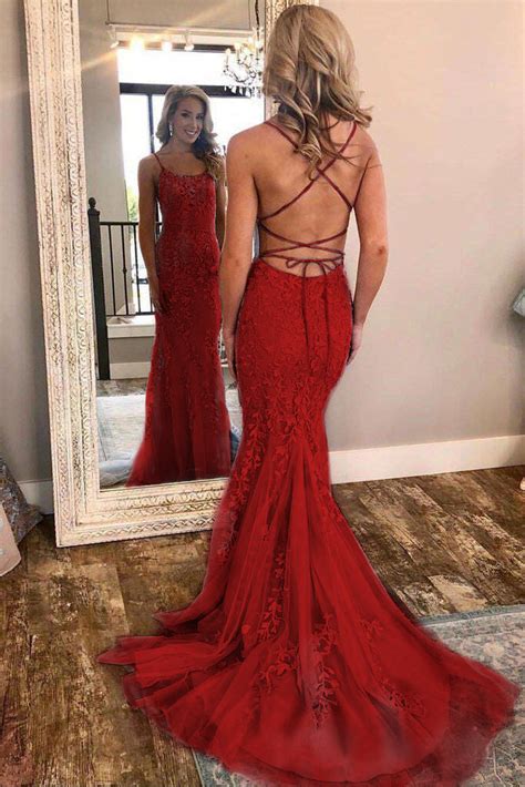 Red Spaghetti Strap Mermaid Prom Dresses With Lace Appliques Backless