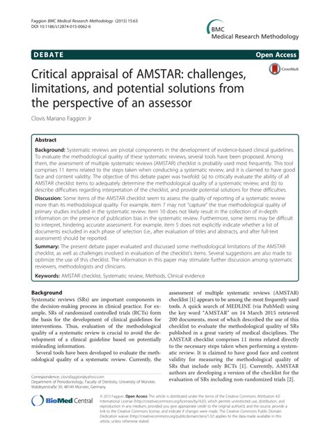 Pdf Critical Appraisal Of Amstar Challenges Limitations And Potential Solutions From The