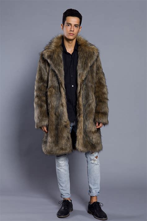 Men Faux Fur Coats Fashion Winter Outwear Fake Fox Fur Long