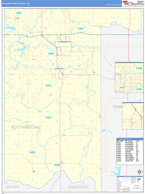 Pottawatomie County, OK Zip Code Wall Map Basic Style by MarketMAPS