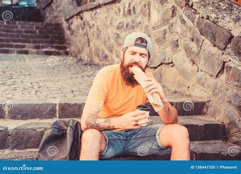 Urban Lifestyle Nutrition Carefree Hipster Eat Junk Food While Sit On Stairs Hungry Man Snack