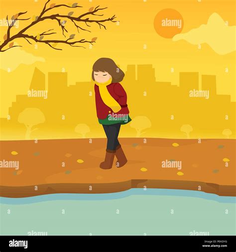 Sad Lonely Girl Autumn Season Scene Illustration Vector Graphic Design