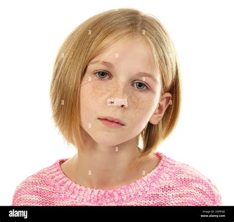 Portrait Of Sad Little Girl Isolated On White Stock Photo Alamy