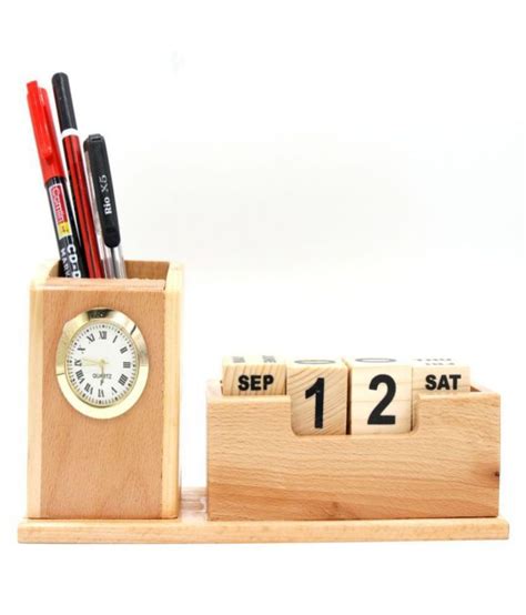 Wooden Pen Stand With Clock And Wooden Calendar Buy Online At Best
