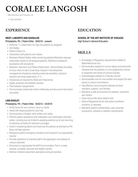 Patient Sitter Resume Samples | Velvet Jobs