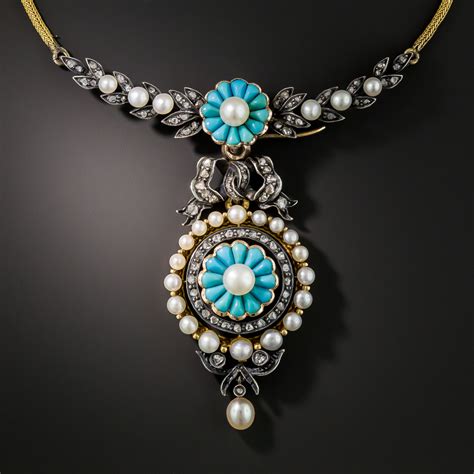 French Antique Turquoise Pearl And Diamond Necklace