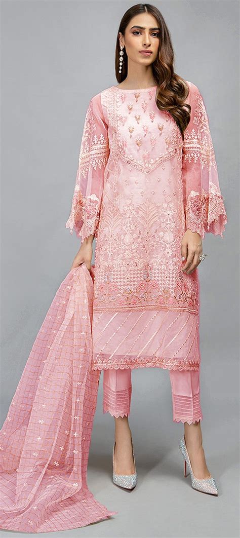 Engagement Festive Pink And Majenta Color Organza Silk Silk Fabric Salwar Kameez 1694585