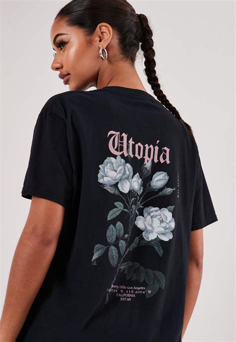 Black Utopia Botanical Graphic Back T Shirt Missguided Streetwear Design Tee Shirt Designs