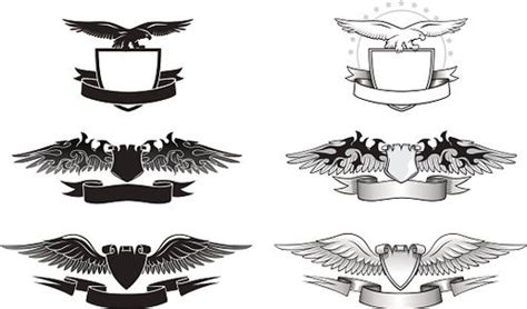 Winged Emblem Set With Eagles Wings And Shields Stock Clipart