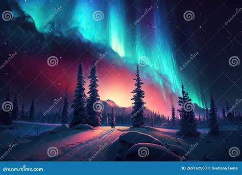 Gorgeous Polar Lights Above Northern Snowy Landscape Ai Generated