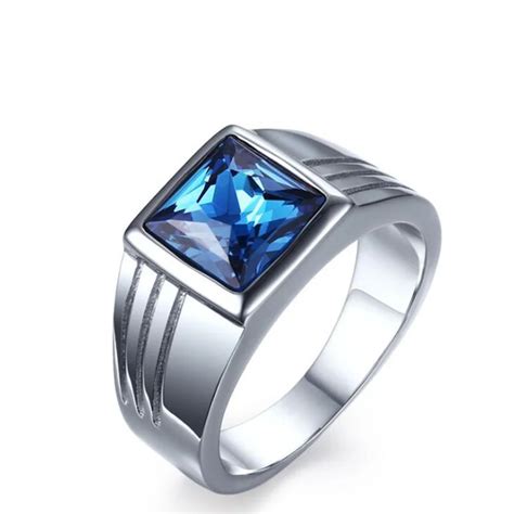 10mm Square Blue Crystal Male Ring For Men Stainless Steel Fashion