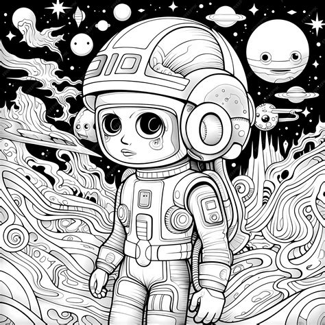Premium Ai Image Trippy Space Adventure Black And White Coloring Page