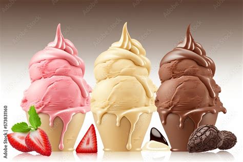 Ice Cream Cone Set With Three Realistic Colorful Ice Cream Wafers Of Different Taste With Berry