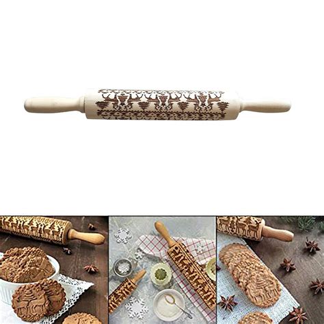 Christmas Deer Wooden Rolling Pin Engraved Carved Wood Embossed