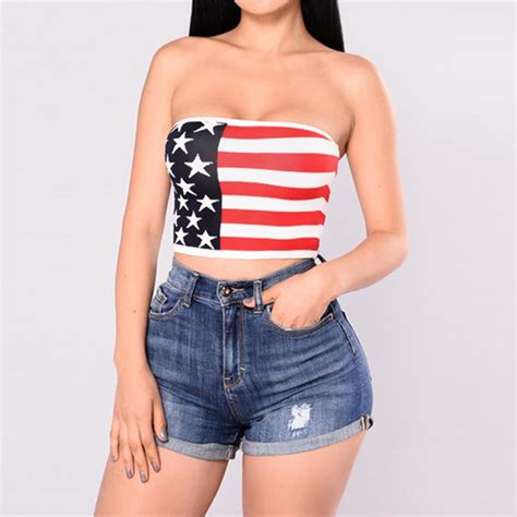 2019 Summer Sexy Women Strapless Bustier Crop Top American Flag Print