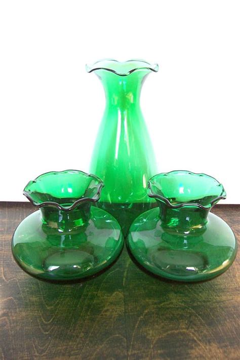 Vase Trio Emerald Green Glass Bud Vases Mid Century Ruffled Edge Posy Vases Forest Green