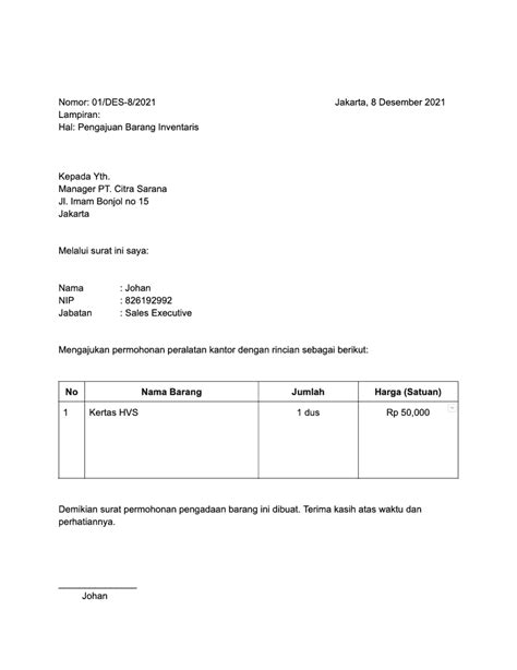 Contoh Surat Pengajuan Barang Inventaris Kantor Mekari Jurnal