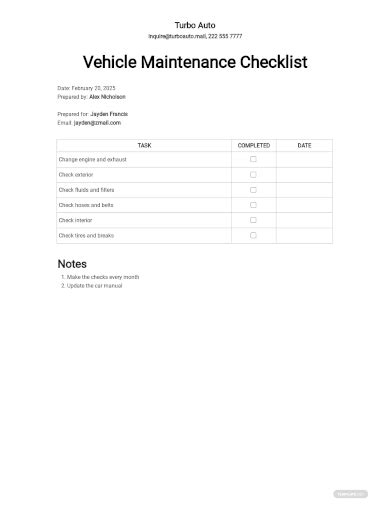 Free 12 Vehicle Maintenance Checklist Samples Preventive Service