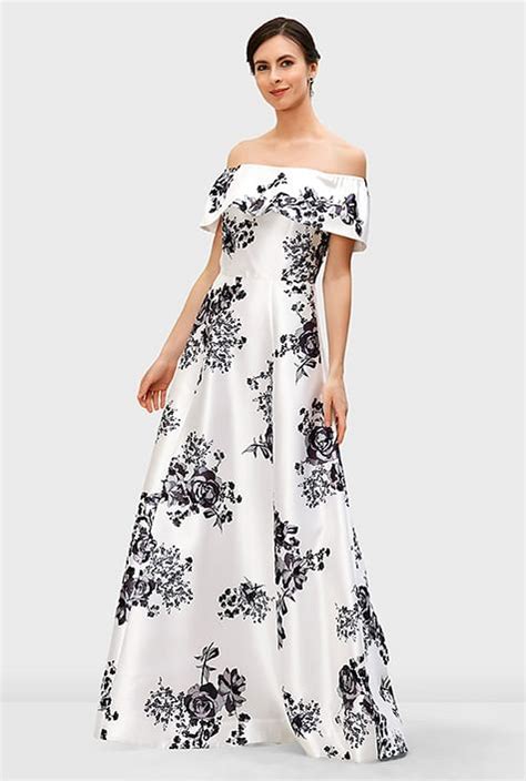 Shop Off The Shoulder Floral Lace Print Dupioni Maxi Dress Eshakti