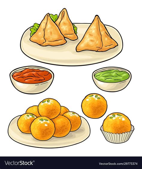 Indian Traditional Food Samosa On Board With Sauces In Bowl Sweets