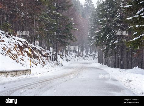 Snowy Winding Alpine Road Through A Forest During A Heavy Snowfall In
