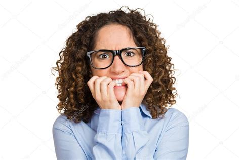 Nervous Woman With Glasses Biting Her Fingernails Stock Photo By
