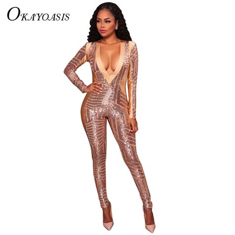 2017 bodycon jumpsuit rompers womens jumpsuit sexy deep v neck rose gold sequins club jumpsuit