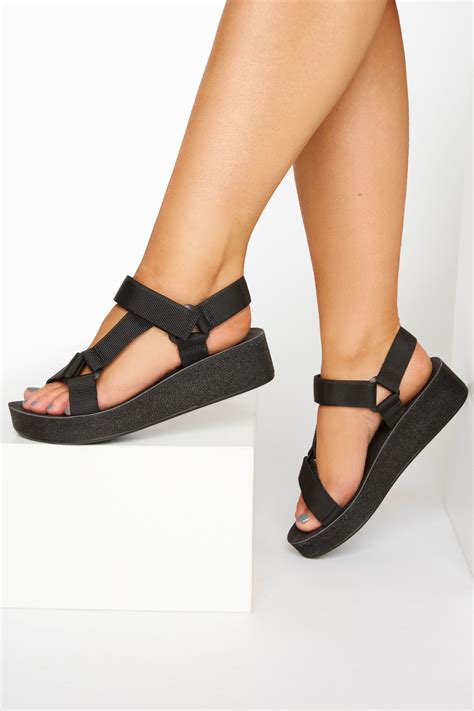 Limited Collection Black Sporty Mid Platform Sandals In Extra Wide Fit