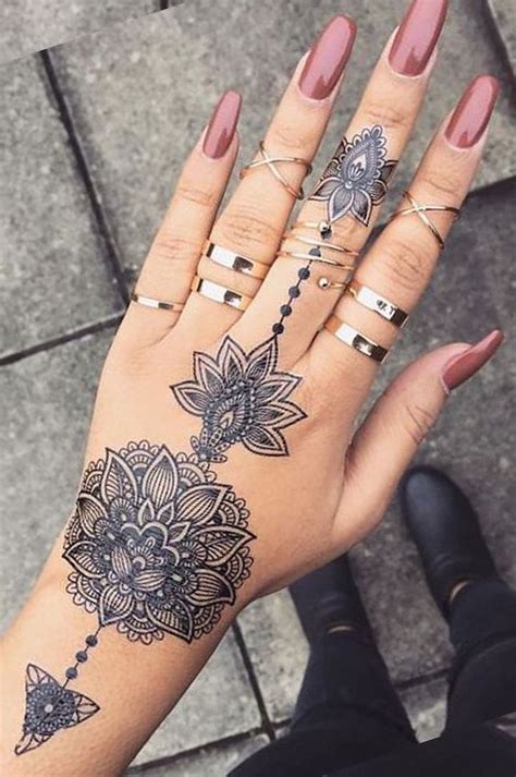 Pink Nail Polish Silver Rings Hand Tattoo Mandala Tattoo Meaning